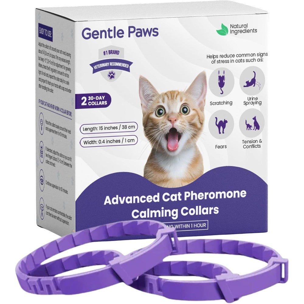 Gentle Paws Cat Calming Collar 2-Pack packaging front view featuring cat anxiety relief benefits.
