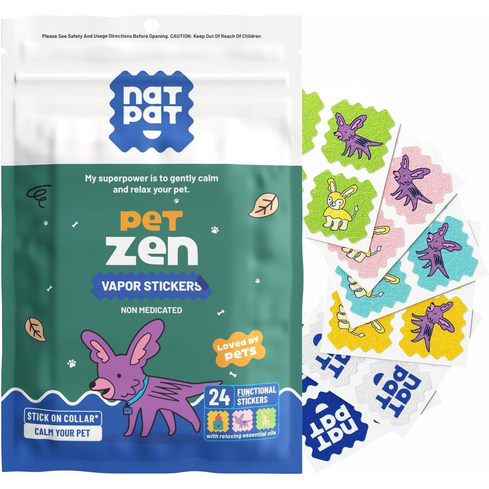 NATPAT Pet Zen Calming Patches front view of the packaging showcasing the twenty four stress relief stickers for anxious dogs.