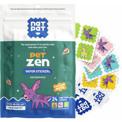 NATPAT Pet Zen Calming Patches front view of the packaging showcasing the twenty four stress relief stickers for anxious dogs.