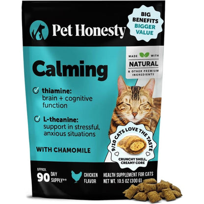 Pet Honesty Cat Calming Treats front packaging showcasing dual texture chicken flavored chews
