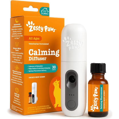 Zesty Paws Cat Pheromones Calming Diffuser Starter Kit front view showing plug-in unit and refill bottle.