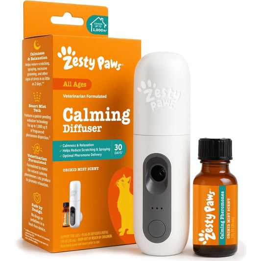 Zesty Paws Cat Pheromones Calming Diffuser Starter Kit front view showing plug-in unit and refill bottle.