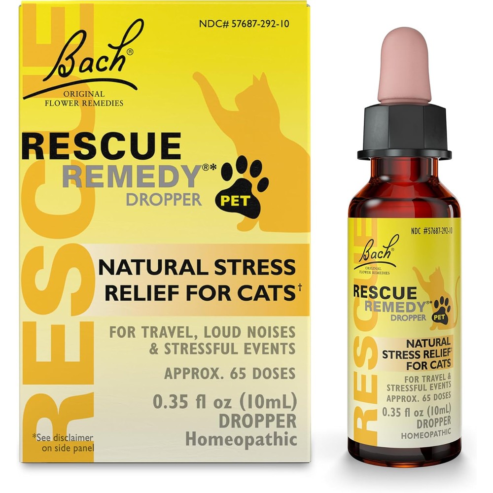 Bach Rescue Remedy Pet Dropper for Cats 10 mL front packaging view for feline stress relief.