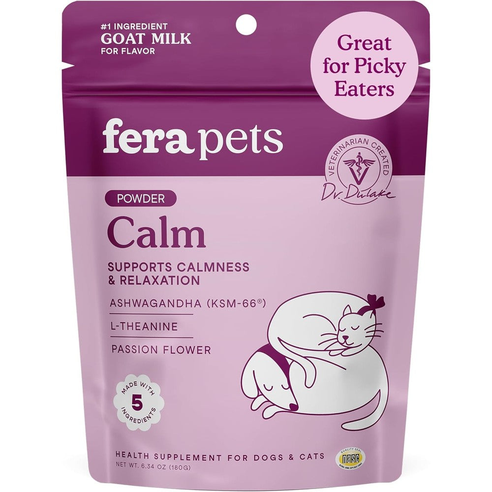 Fera Pet Organics Calm Goat Milk Powder pouch front view showing pet relaxation formula.