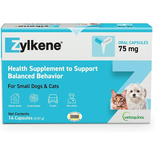 Vetoquinol Zylkene 75mg capsules packaging front view showing pet calming supplement details