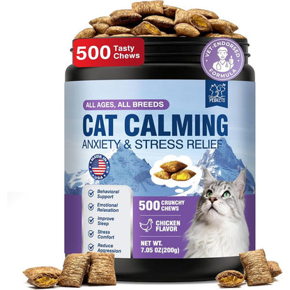 PLBKCTS Weallin Calming Cat Treats container front view showing chicken flavor and 500 count label.