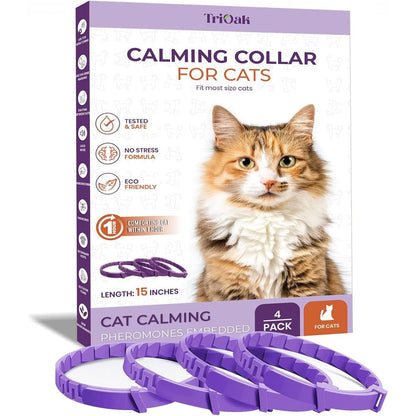 TriOak Pheromone Calming Collar for Cats purple pack front view showcasing stress relief benefits.