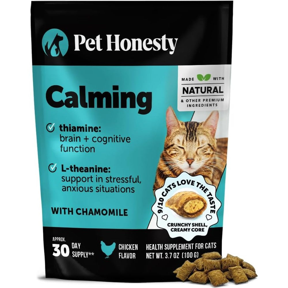 Pet Honesty Cat Calming Treats front pouch view showing chicken flavor dual texture anxiety relief chews.