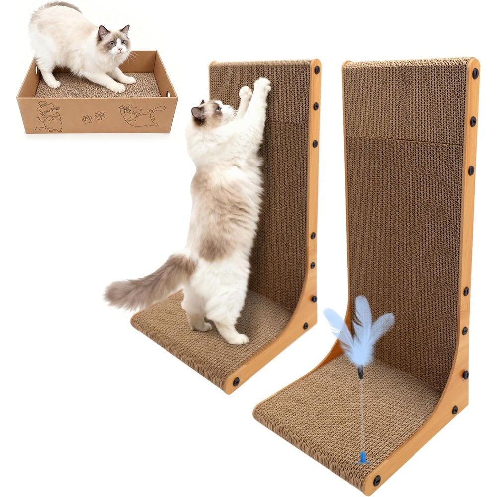 Goosheep Cat Scratching Post 3 In 1 Durable Corrugated Cardboard Scratching Board Set Including Two 22 Inch L Shaped Scratchers And One Box Pad For...