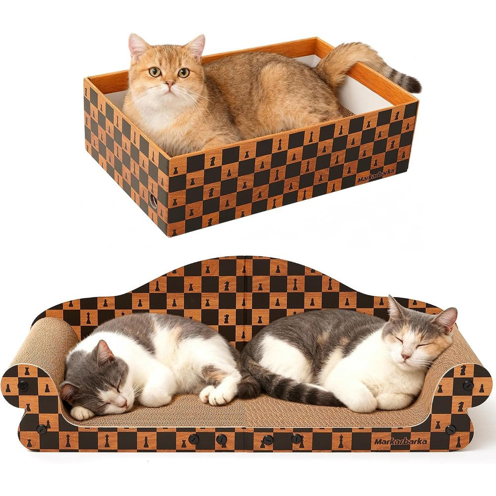 Markarbarka 27 Inch Cat Couch Scratcher Extra Large Cardboard Box Lounge Bed With Reversible Scratching Pads And Checkerboard Pattern
