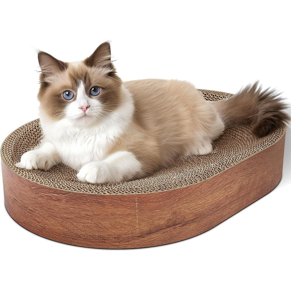 ComSaf Cat Scratching Board and Durable Oval Corrugated Cardboard Cat Scratcher Bed Lounge Bowl for Indoor Cats and Kittens, Dark Wood Pattern