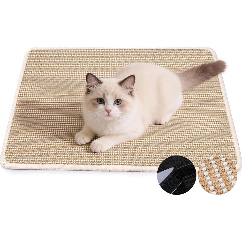 Petinstinct Natural Sisal Cat Scratcher Mat With Hook And Loop Tape For Indoor Cats Furniture Protector Medium Size Beige
