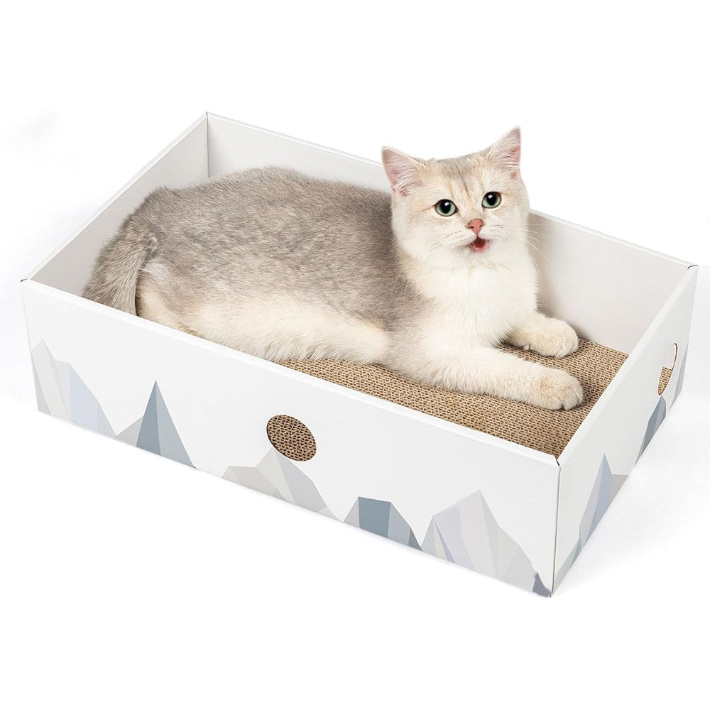 Conlun cat scratcher box front view showing white mountain pattern exterior