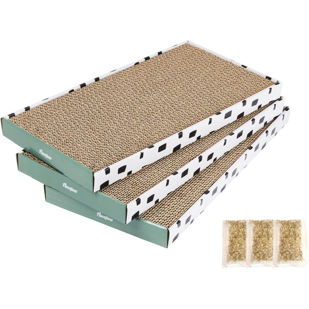 PAWSFANS Cat Scratcher Cardboard Scratch Pad With Box Reversible Corrugated Kitty Sofa Lounge Bed Pack of 3 Pieces With Organic Catnip
