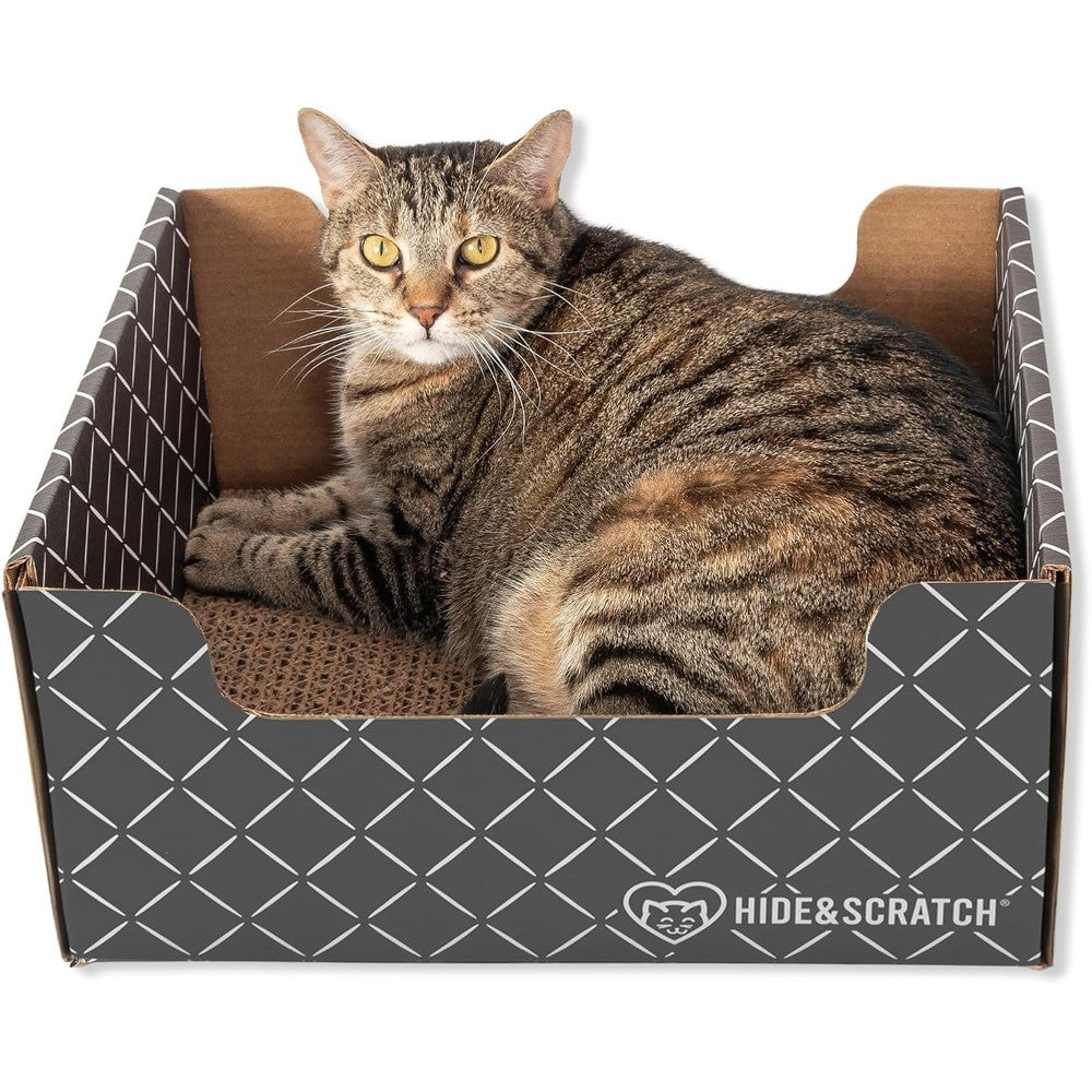 Hide & Scratch Extra Large Heavy Duty Cardboard Cat Scratcher And Lounger Box With Refillable Scratch Pad Dark Grey Diamond