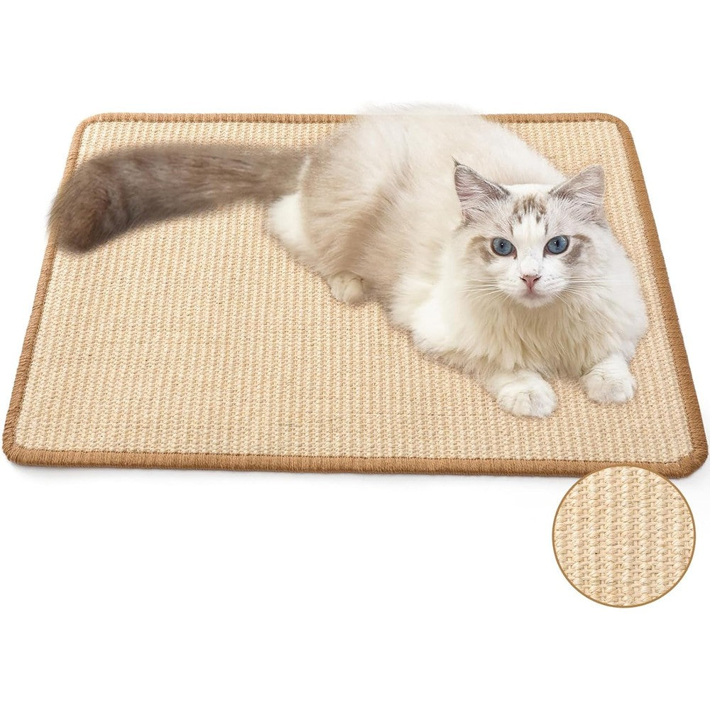 Fukumaru Cat Scratcher Mat Natural Sisal Horizontal Floor Scratching Pad Rug With Sticky Tapes For Furniture Protection Cream Color 23.6 By 15.7 Inch
