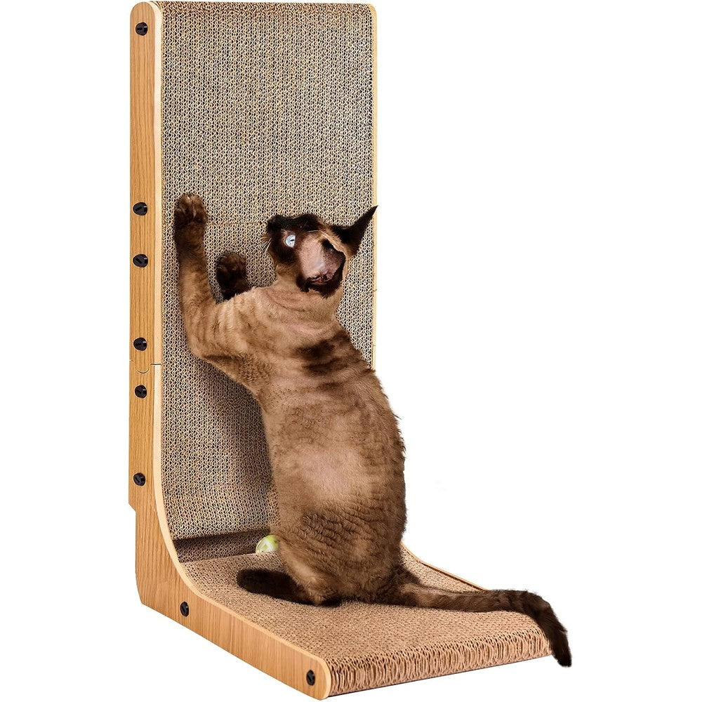 EHEYCIGA Cardboard Cat Scratcher For Indoor Cats 26.8 Inch L Shaped Vertical Cat Scratching Board With Ball Toy Large Size Brown