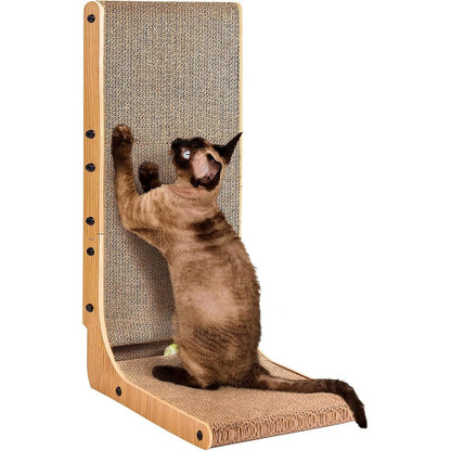 EHEYCIGA Cardboard Cat Scratcher For Indoor Cats 26.8 Inch L Shaped Vertical Cat Scratching Board With Ball Toy Large Size Brown