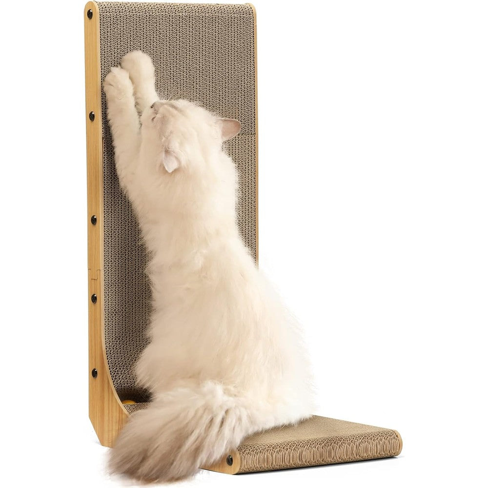 FUKUMARU Cat Scratcher Twenty Six Point Eight Inch L Shape Cat Scratch Pad Wall Mounted Corrugated Cardboard With Ball Toy Walnut Color Large Size