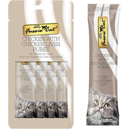 Fussie Cat Chicken And Liver Puree Lickable Cat Treats 0.5 Ounce Pouch Pack Of 4 Authentic USA Imported