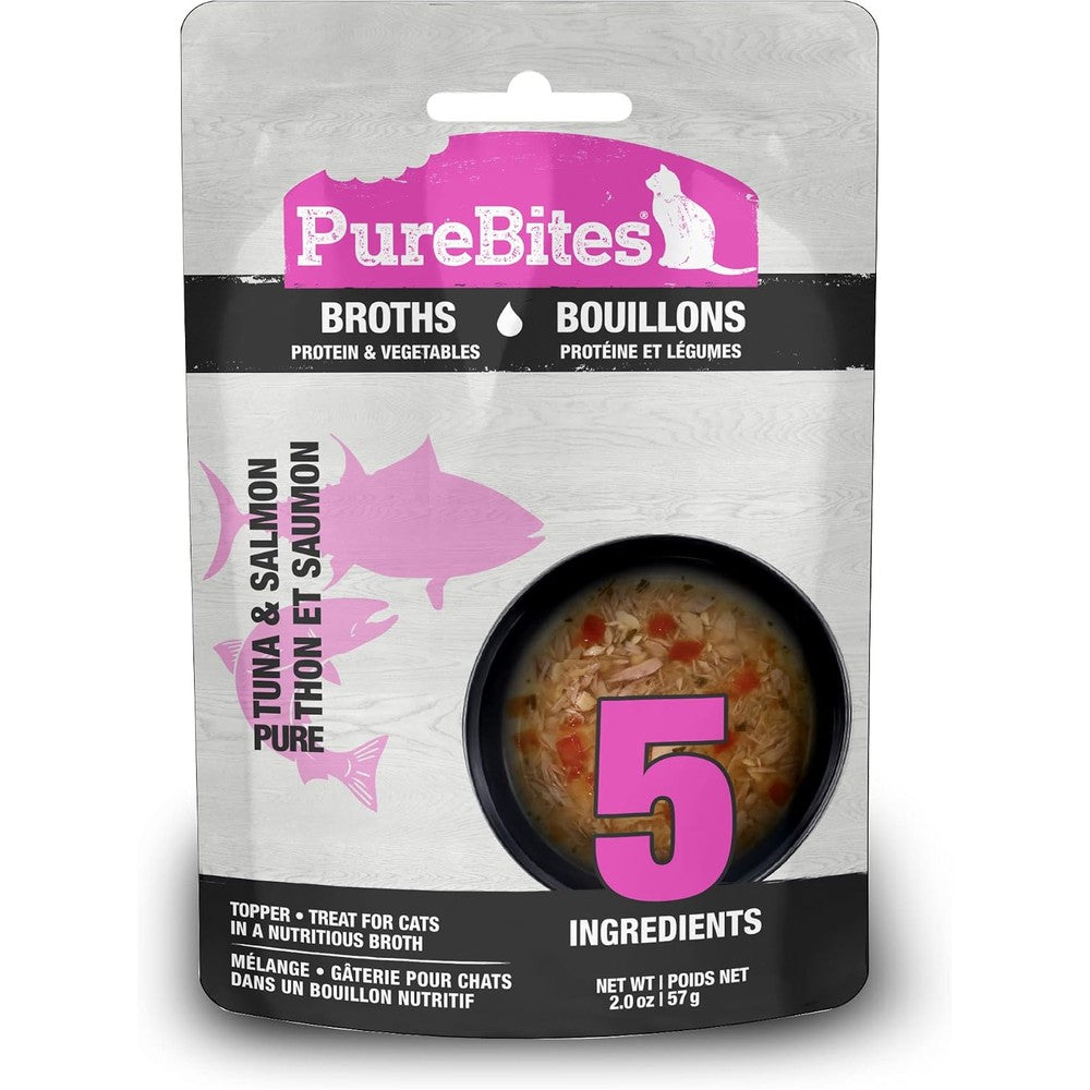 PureBites Tuna And Salmon Broth For Cats, Limited Ingredient Wet Food Topper, 2 Ounce Pouches, Case Of 18