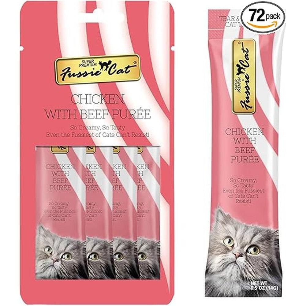 Fussie Cat Chicken With Beef Puree Lickable Cat Treats 0.5 Ounce Tubes Pack Of 72 Tubes