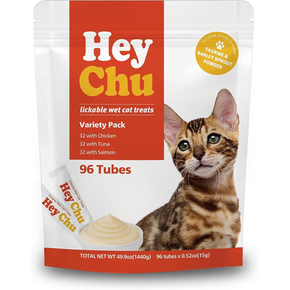 Inaba Hey Chu Lickable Cat Treats Grain-Free Squeezable Wet Cat Food Topper Variety Pack Tuna Salmon And Chicken 96 Tubes Bulk