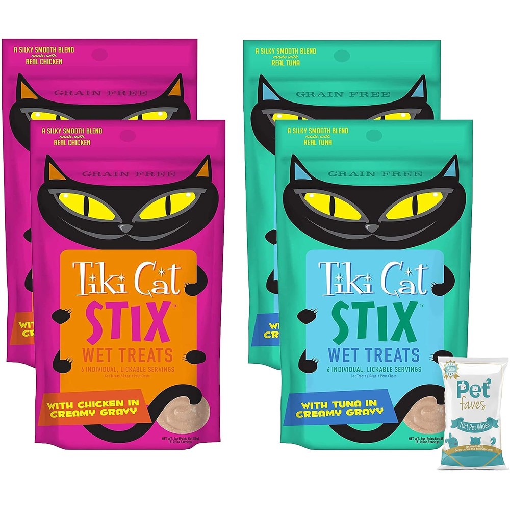 Pet Faves Tiki Cat Stix tuna and chicken cat treats front view packaging