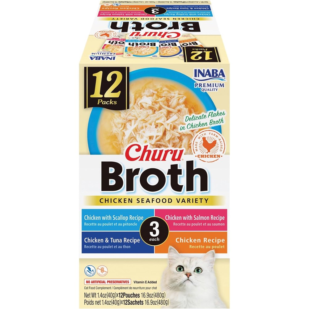 Inaba Churu Broth For Cats Side Dish Pouch Chicken And Seafood Variety 1.4 Ounces 24 Pouches