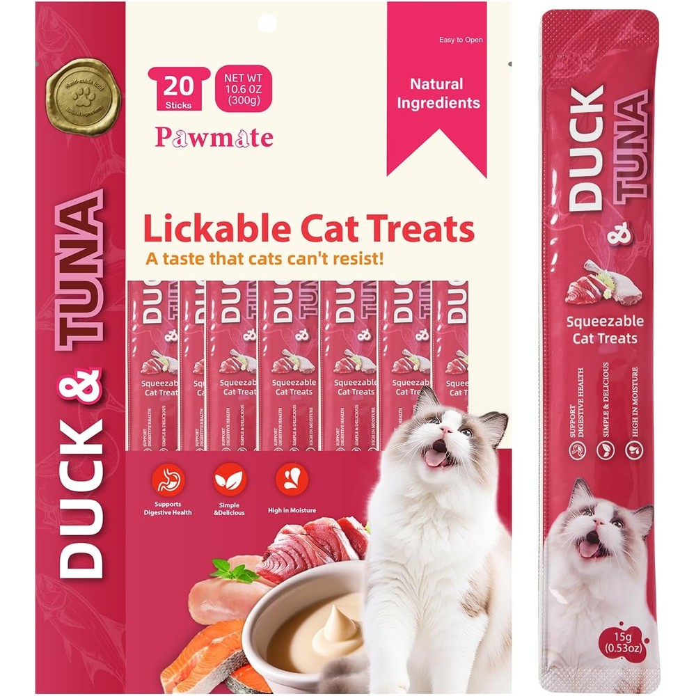 Pawmate Lickable Tuna And Duck Cat Treats For Urinary Health And Hydration, Grain Free Creamy Puree For Kittens And Adult Cats, 20 Tubes Of 15 Gram...