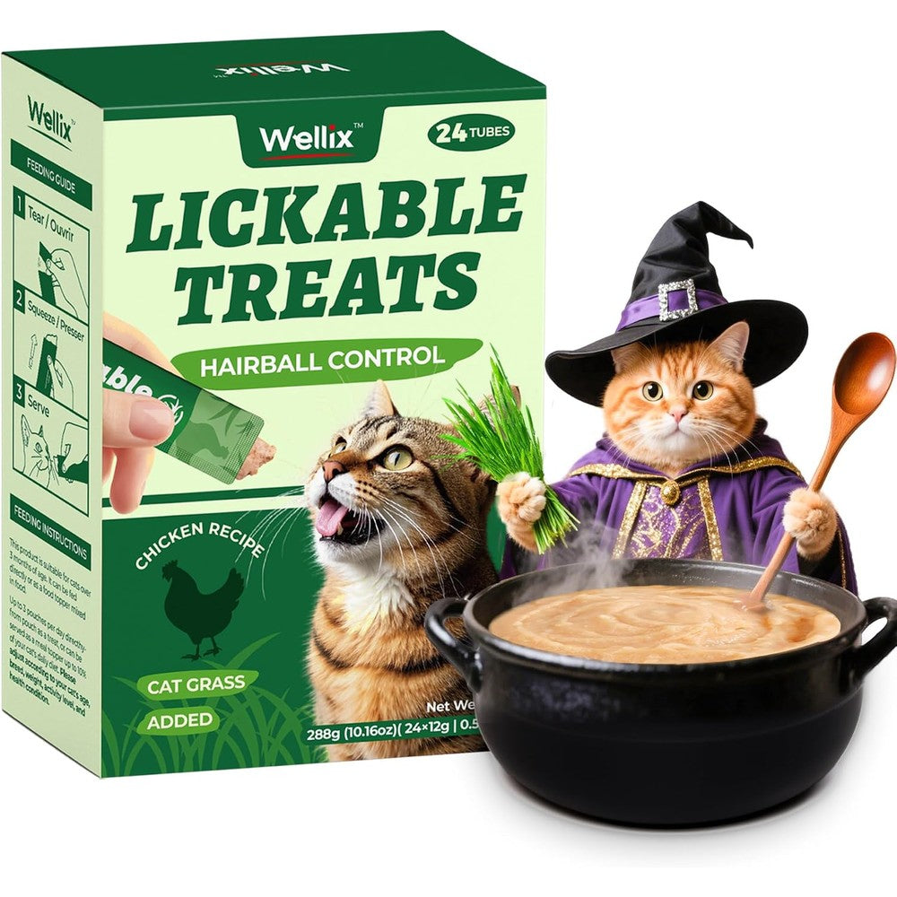Wellix Lickable Cat Treats Healthy Grain-Free Chicken And Cat Grass Flavor For Kittens And Adult Cats 24 Count Squeezable Tubes 288 Grams