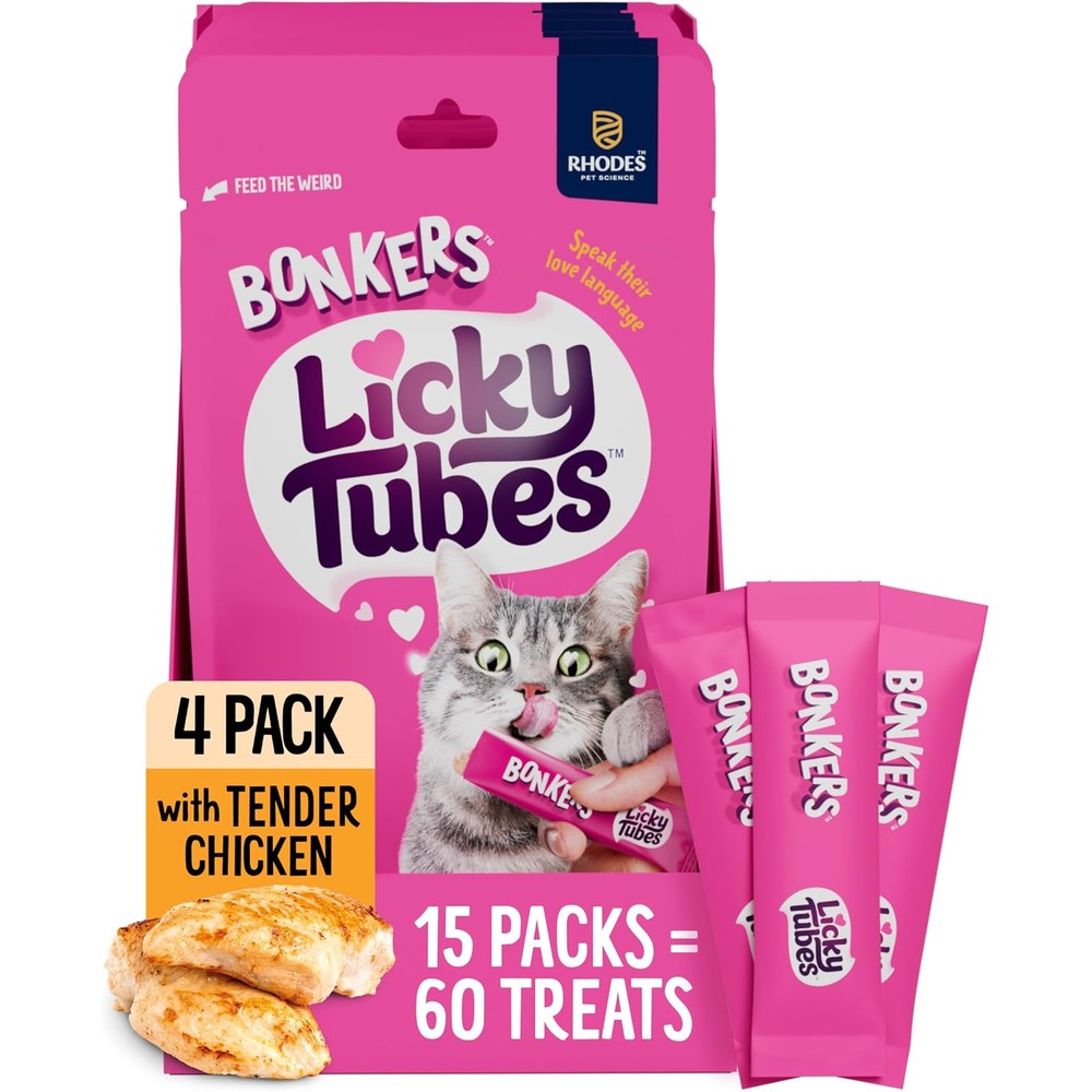 Bonkers Licky Tubes Chicken Flavored Wet Lickable Treats For Cats 4 Pack Pack Of 15