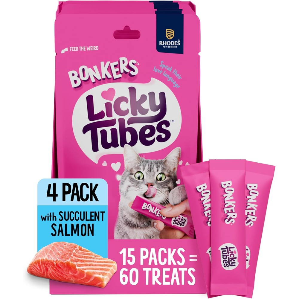Bonkers Licky Tubes Salmon Flavored Wet Lickable Treats For Cats, 4 Pieces Per Pack (Pack Of 15)
