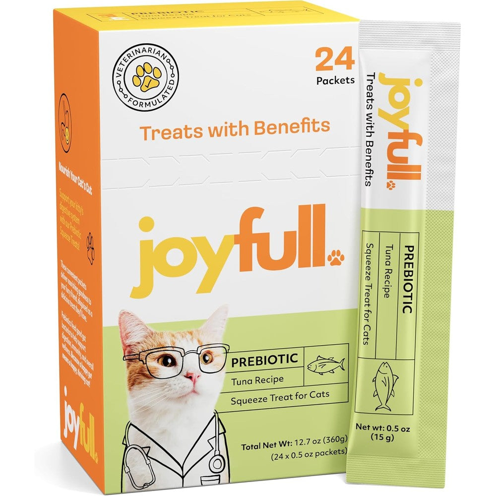 Joyfull Lickable Cat Treats With Prebiotics Wild Caught Tuna Squeeze Puree Supports Digestive Health 24 Tubes 0.5 Ounce Each