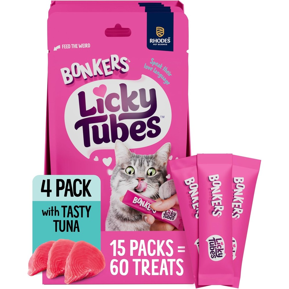 Bonkers Licky Tubes Tuna Flavored Wet Lickable Treats For Cats 4 Pack Of 15 Total 60 Tubes