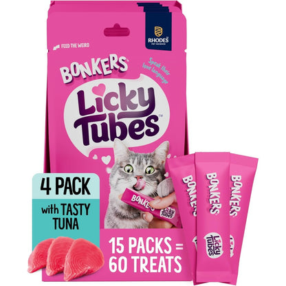 Bonkers Licky Tubes Tuna Flavored Wet Lickable Treats For Cats 4 Pack Of 15 Total 60 Tubes