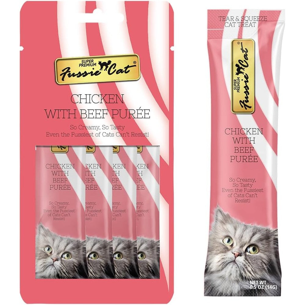 Fussie Cat Chicken And Beef Puree Lickable Cat Treats 0.5 Ounce Pouch Pack Of 4