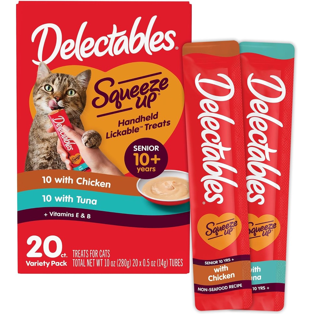 Delectables Squeeze Up Senior 10 Plus Variety Pack Creamy Squeezable Puree Lickable Wet Cat Treats Grain Free 0.5 Ounce 20 Tubes Total