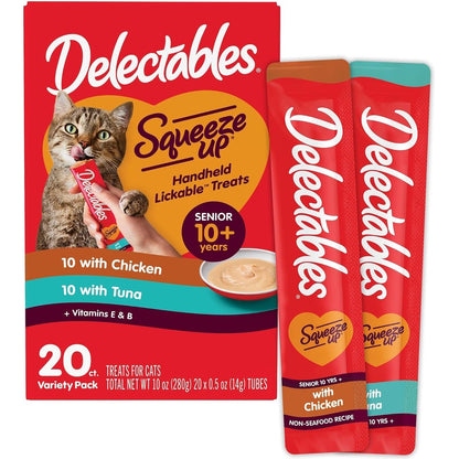 Delectables Squeeze Up Senior 10 Plus Variety Pack Creamy Squeezable Puree Lickable Wet Cat Treats Grain Free 0.5 Ounce 20 Tubes Total