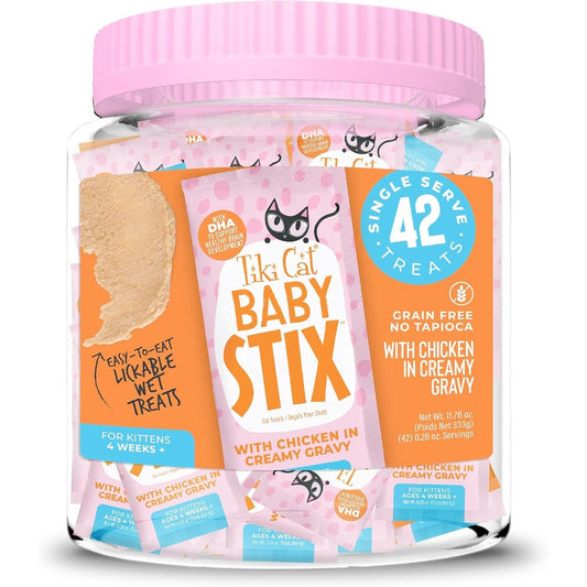 Tiki Pets Tiki Cat Baby Stix Wet Cat Treats Chicken In Creamy Gravy 0.28 Ounce Sachets 42 Count Jar