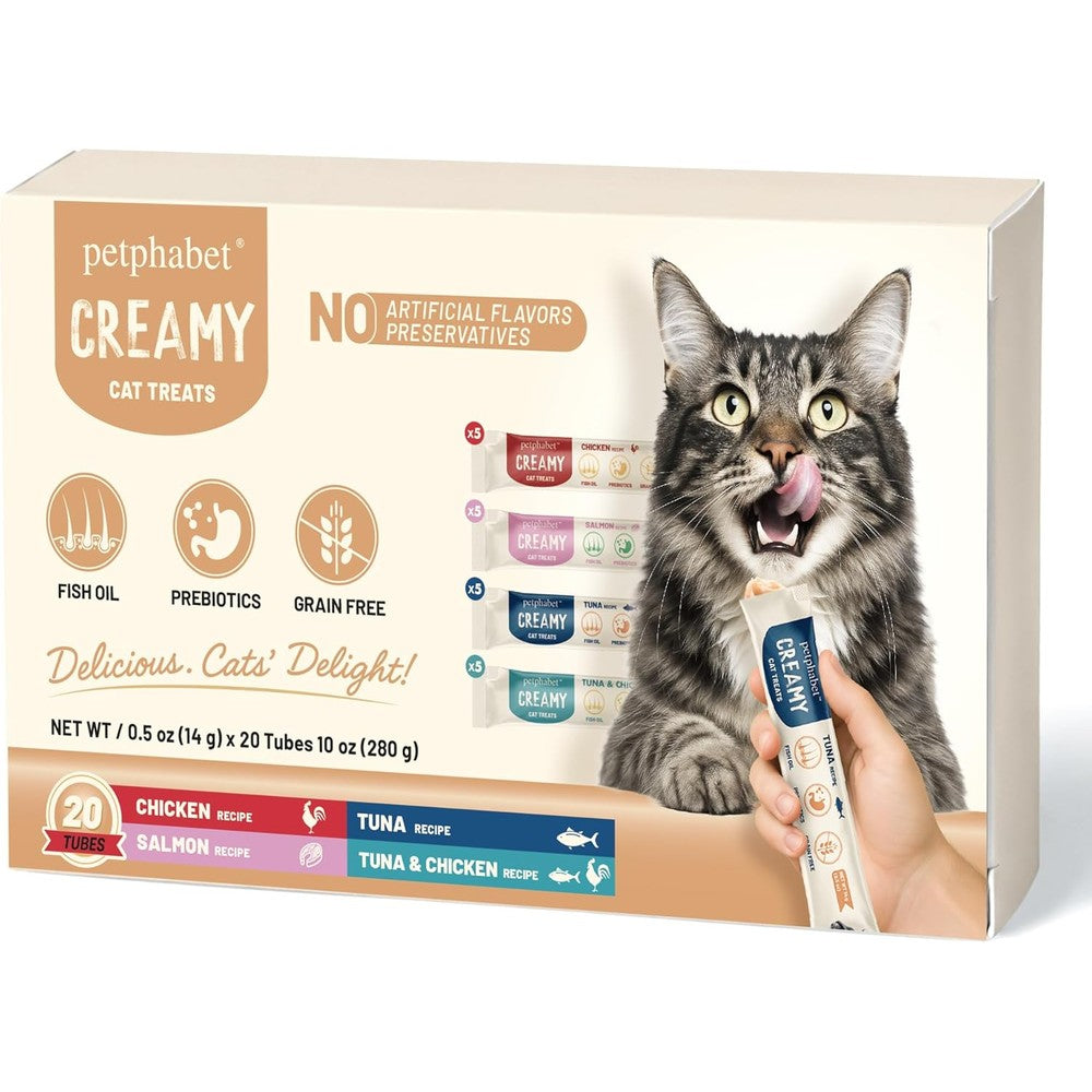 Petphabet Lickable Cat Treats Squeeze Creamy Puree Variety Pack 20 Tubes For Skin Coat Health And Digestion High Protein Grain Free Wet Cat Snacks