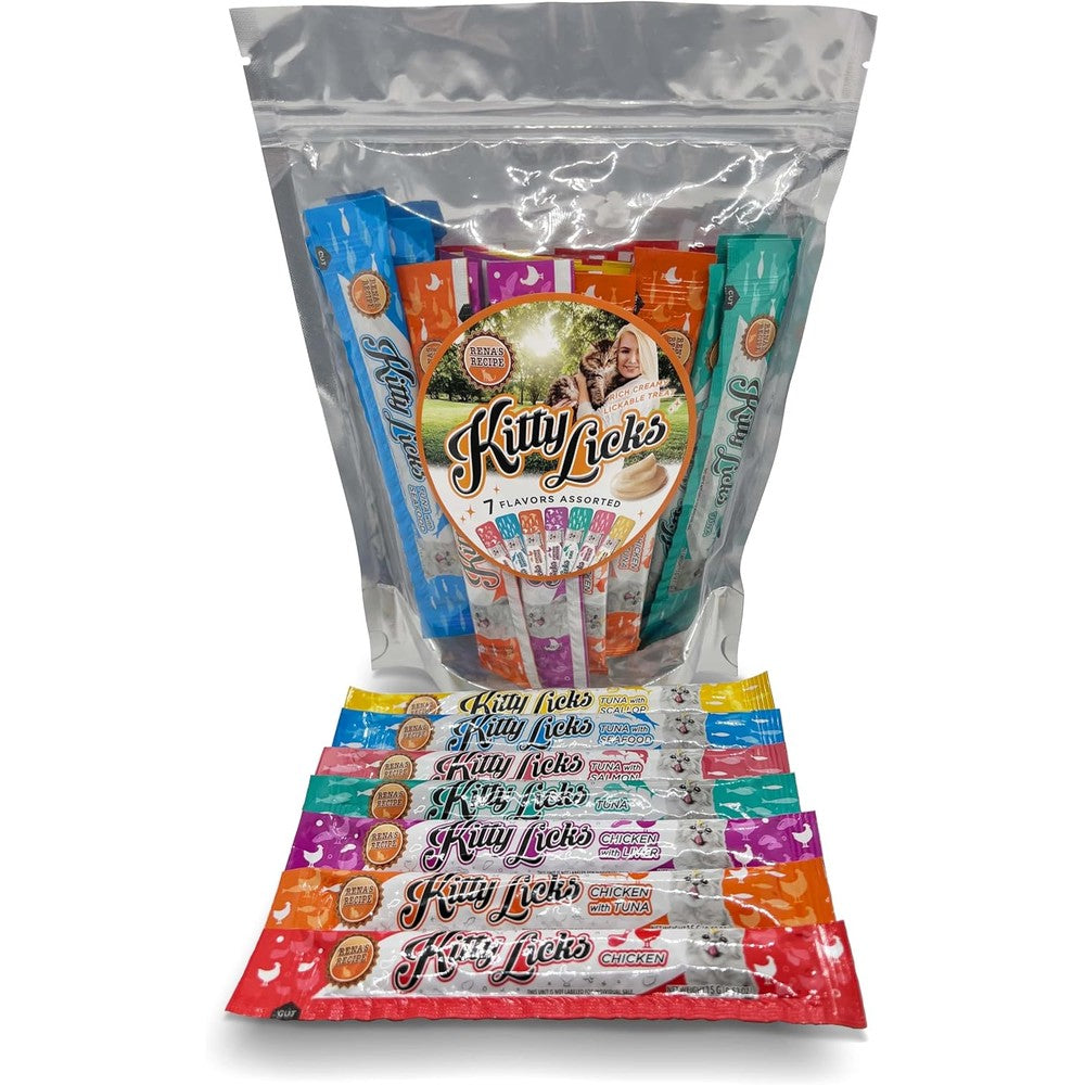 Rena's Recipe Kitty Licks Lickable Cat Treats Variety Pack, 28 Tubes, 7 Delicious Flavors, Grain Free Creamy Puree For Cats