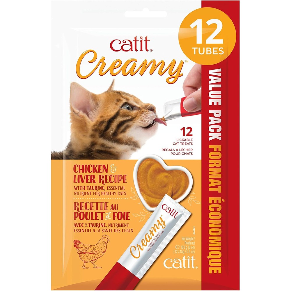 Catit Creamy Lickable Cat Treat, Healthy Cat Snack, Chicken And Liver Flavor, 12 Pack