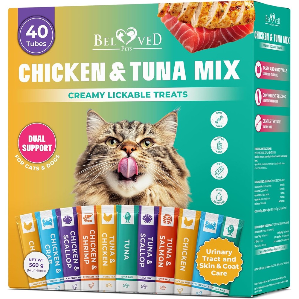 Beloved Pets Creamy Lickable Cat Treats And Wet Food Squeeze Tubes Tuna And Chicken Mix For Cats And Small Dogs 40 Sticks 560 Grams