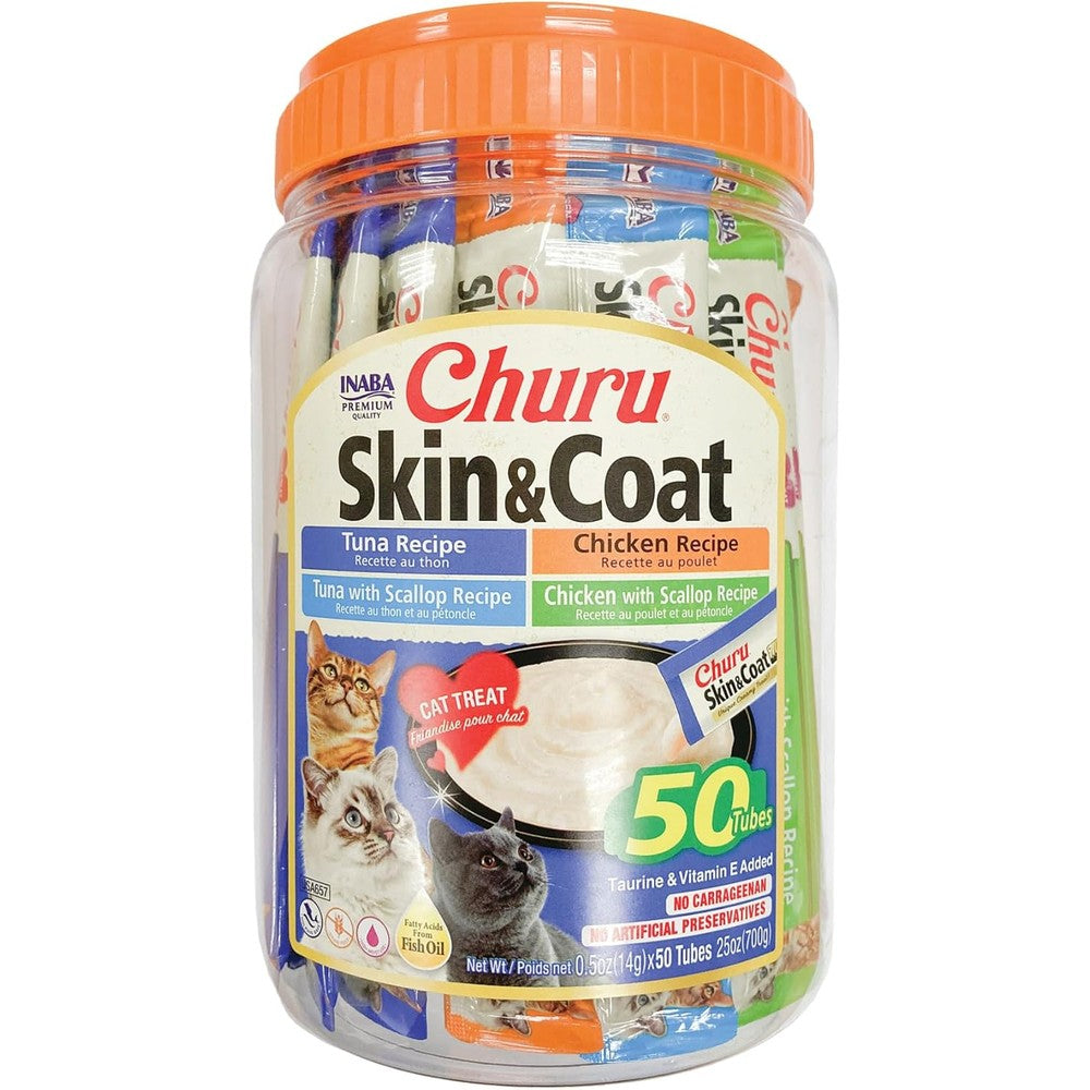 Inaba Churu Skin And Coat Lickable Squeezable Cat Treat Variety Pack 0.5 Ounces Each Tube 50 Tubes