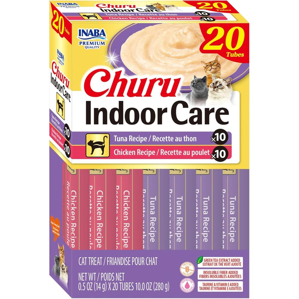 Inaba Churu Indoor Hairball Control Functional Lickable Cat Treat Tuna And Chicken Variety 20 Tubes Each 14.2 Grams