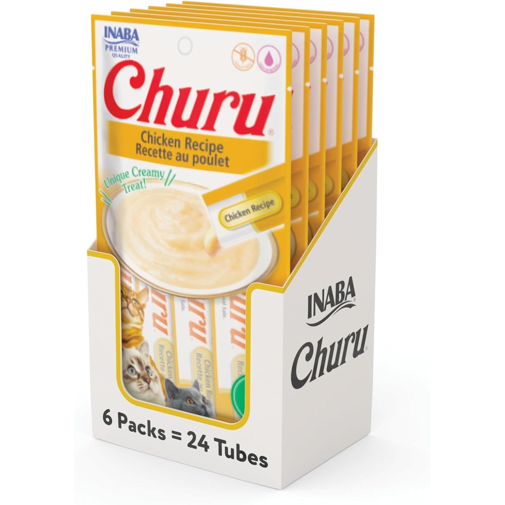 Inaba Churu Chicken Recipe Lickable Creamy Puree Cat Treats, Grain-Free Healthy Snack With Taurine, 24 Tubes (0.5 Ounces Each)