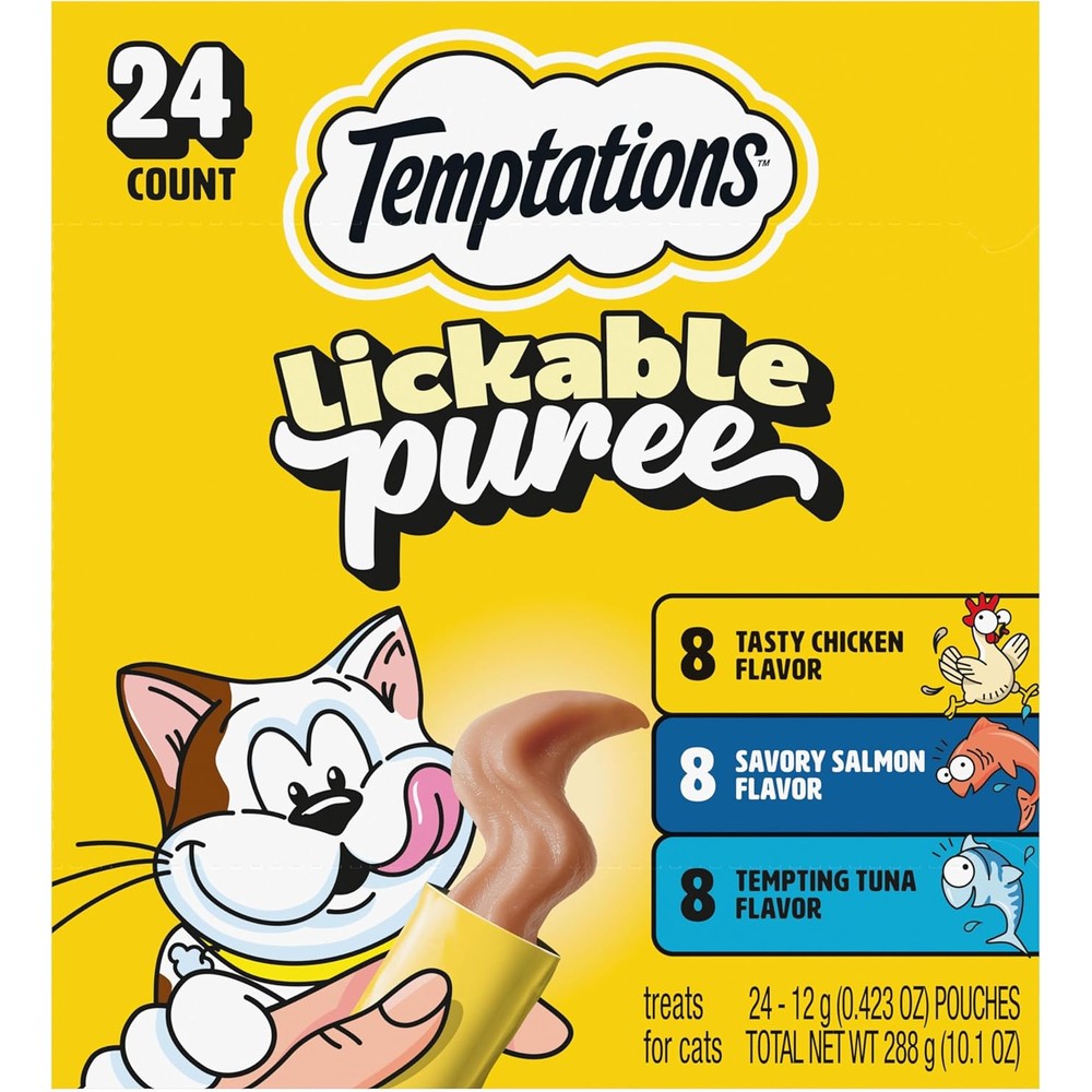 Temptations Creamy Puree Squeezable Lickable Cat Treats With Chicken, Salmon, And Tuna Variety Pack, 0.42 Ounce Tubes, 24 Count