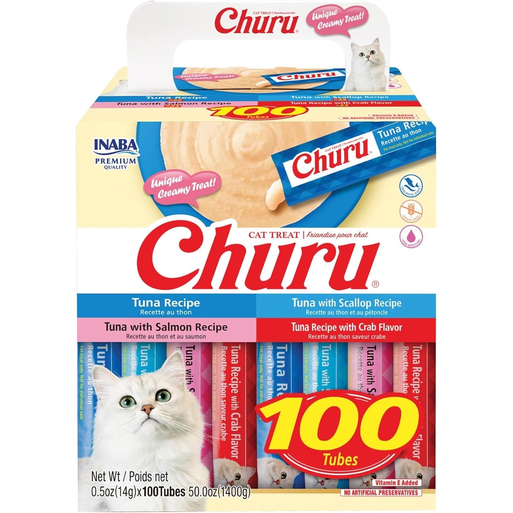 Inaba Churu Cat Treats Lickable Squeezable Creamy Puree With Vitamin E Tuna Variety 0.5 Ounces Per Tube 100 Tubes Total