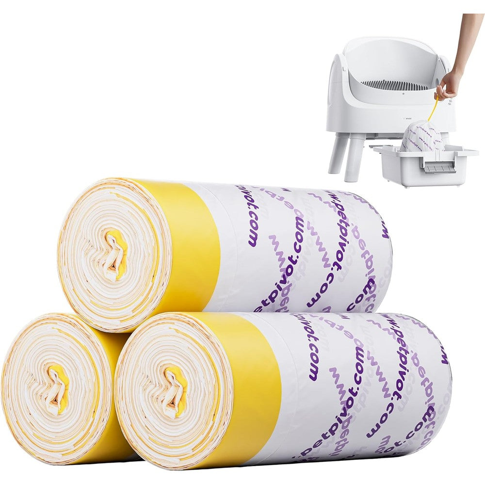 PetPivot Litter Box Liners front packaging view showing three rolls of sixty pieces automatic cat waste bags.
